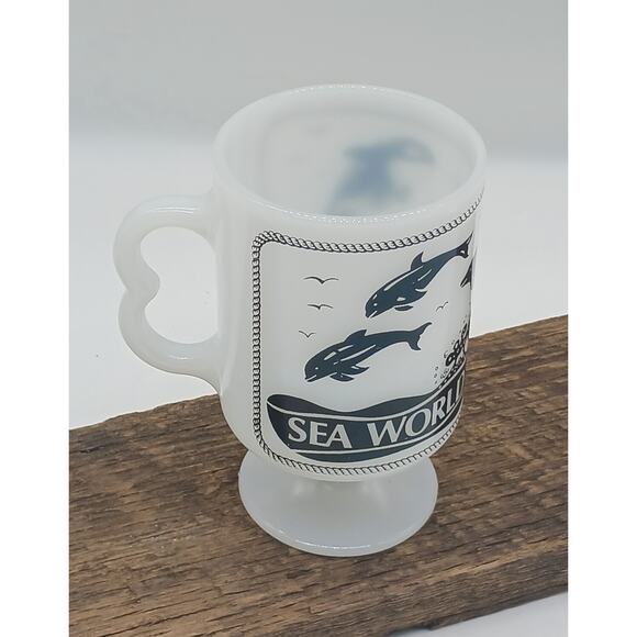 Vintage Milk Glass Sea World Footed Coffee Mug Cup Whale Dolphin Black USA - Picture 3 of 5